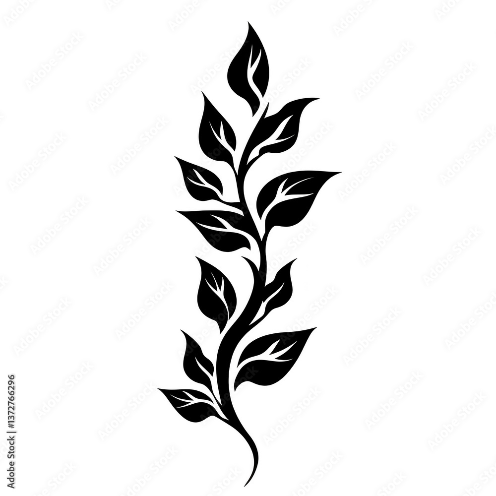 Poster a simple black silhouette of leafy branch with multiple leaves extending from central stem, creating