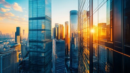 Distant view, overhead shot, cool colors, futuristic city skyline, tall buildings with glass facades, early morning sunlight reflection 