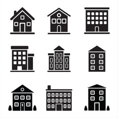 Black Silhouette Building and House Icons Set