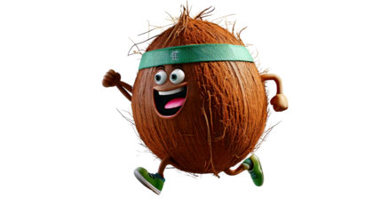 Cartoon coconut with sweatband around its forehead running a marathon in the transparent white background, PNG Image.