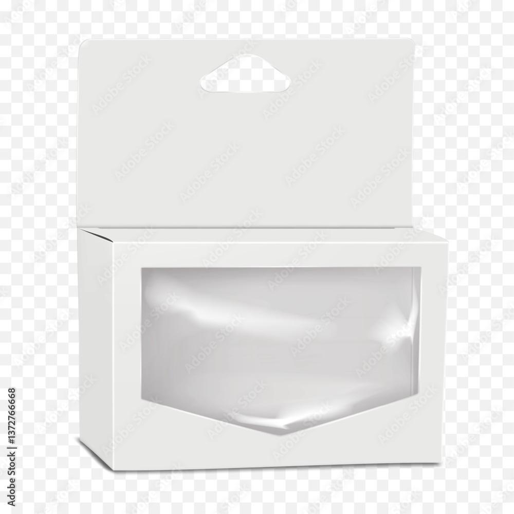 Wall mural paperboard box with clear plastic window, tuck-in flap lid, triangle hole header hang tab. realistic
