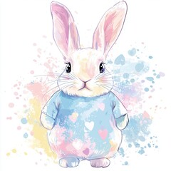 Obraz premium Cute Easter Bunny in Adorable Shirt with Colorful Heart Design, Perfect for Spring Celebrations and Festive Greeting Cards or Decor