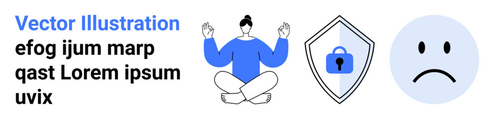 Person meditating in yoga pose, shield with lock symbol, and sad face emoticon. Ideal for mindfulness, cybersecurity, emotional wellbeing, mental health, safety, technology flat landing page banner