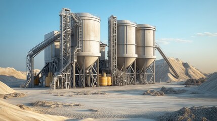 A concrete mixing plant with large storage silos and rotating drum mixers.