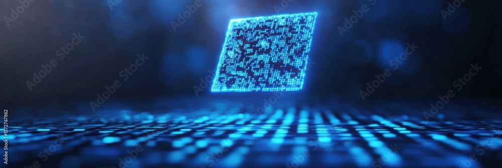 Fototapete Futuristic digital QR code in a blue-lit environment representing abstract financial security concepts and innovations in technology