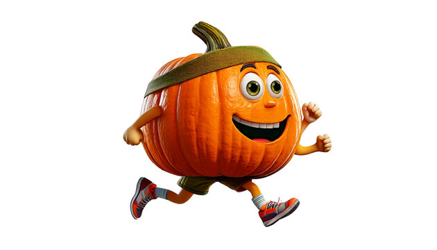 a Cartoon pumpkin with sweatband around its forehead running a marathon in the white transparent background, PNG Format.