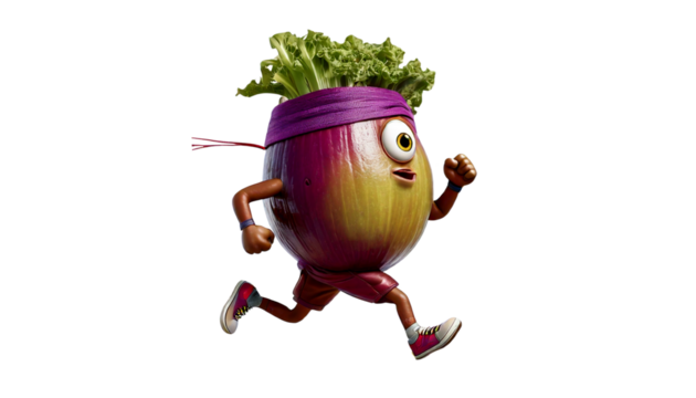 a Cartoon bringel or rond or egg plant with sweatband around its forehead running a marathon in the white transparent background, PNG Format.