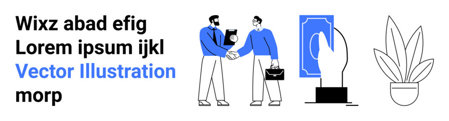 Two professionals shaking hands in partnership, digital payment concept with a hand holding a smart card, indoor plant in a pot for workspace d cor. Ideal for business, fintech, teamwork