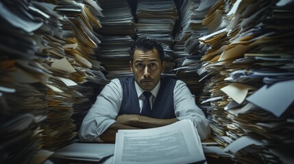 Overworked Employee Struggling with a Tower of Documents in a Cluttered Office