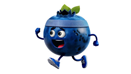 a Cartoon blueberry with sweatband around its forehead running a marathon in the white transparent background, PNG Format.