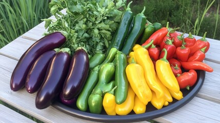 A farm-to-table inspired tray of fresh vegetables placed on a natural wooden surface.