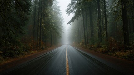Fototapeta premium A foggy road surrounded by dark green fir trees, creating a mysterious atmosphere.