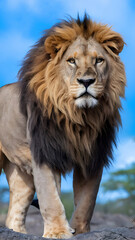Obraz premium A majestic African lion, king of the savanna, surveys his domain under a vibrant blue sky with a blurred background.