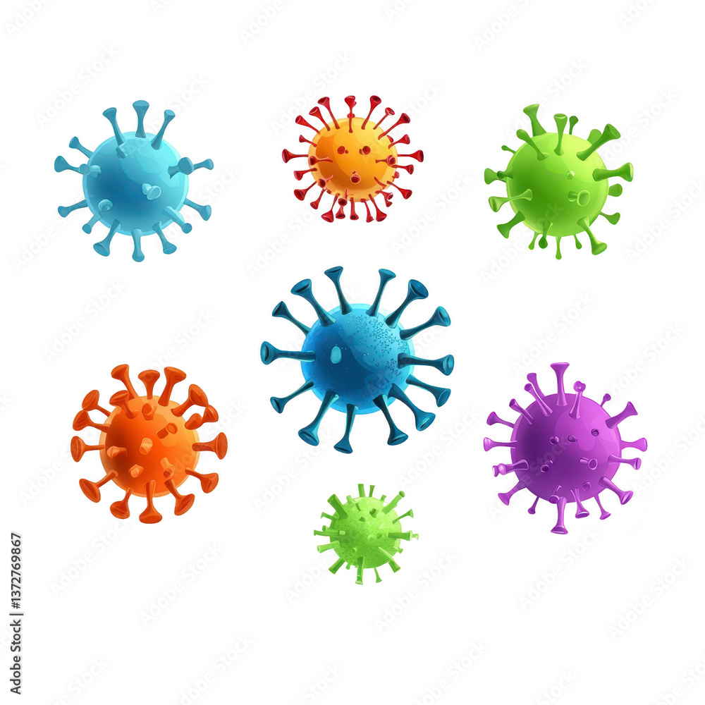 Poster a colorful 3d virus models in various shapes and sizes are displayed against transparency background