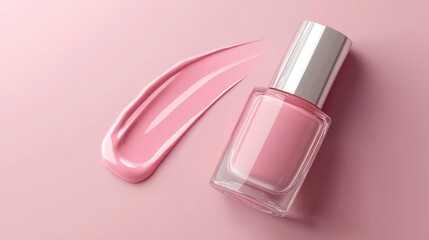 A glossy nail polish bottle with a delicate brush stroke of pink polish on a smooth background.