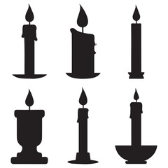 This image features six simple, black silhouette candles of varying shapes and candleholder types against a pure white background.
