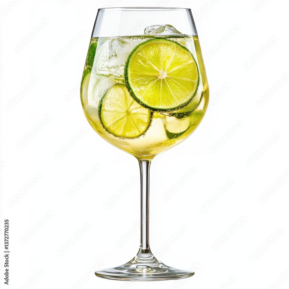 Poster refreshing lime slices in sparkling drink served in elegant glass against clean white background sum