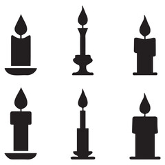 This image features six simple, black silhouette candles of varying shapes and candleholder types against a pure white background.
