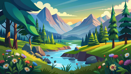 Serene valley scene with trees and wildflowers, nature, landscape