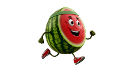 Cartoon watermelon with sweatband around its forehead running a marathon in the white transparent background, PNG Format.