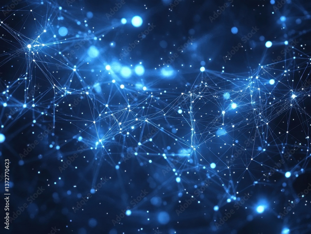 Poster abstract network connection with glowing nodes on a dark blue background for technology concepts