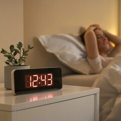 A woman is sleeping with a clock on her nightstand that reads 12:39