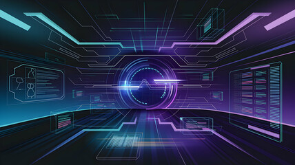 Entering a digital nebula, a vibrant journey through glowing circuits and data streams, with a central pulsing core.