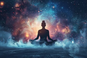 Obraz premium Female yoga figure against universe background with Supernova explosion.