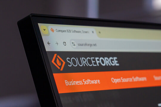 New York, USA - March 30, 2025: SourceForge open source software download website homepage displayed on computer monitor