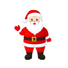 A cheerful cartoon Santa Claus in red suit with white beard and hat waves happily. He wears black belt and boots, embodying festive spirit of Christmas