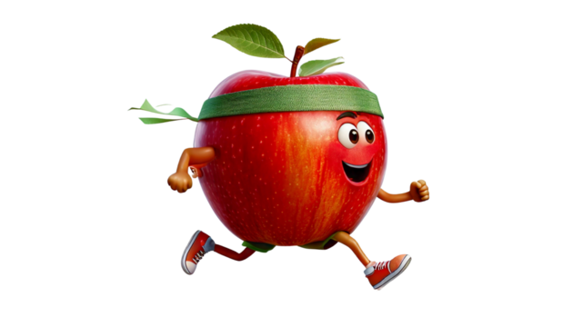 Cartoon apple with sweatband around its forehead running a marathon in the white transparent background, PNG Format.