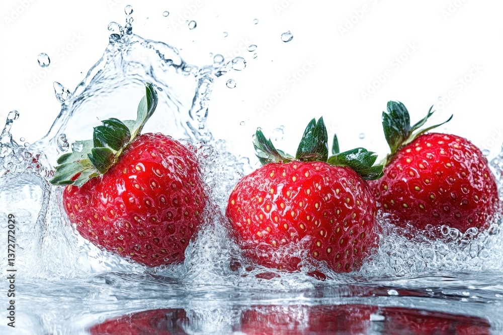 Poster fresh strawberries plunging into crystal clear water creating a refreshing splash on a white backgro