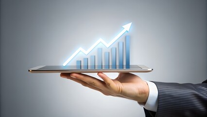 Business man drawing graph on hand, A stock market chart with a glowing green arrow climbing upwards and a red arrow descending
