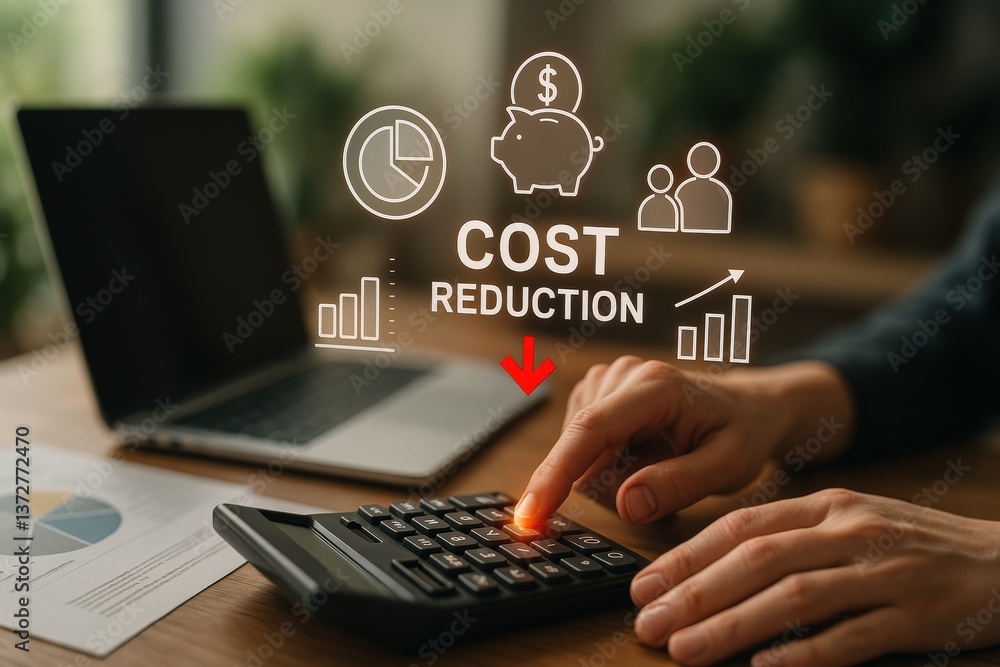 Poster cost reduction analysis: the image encapsulates the essence of fiscal analysis, where a person is ac