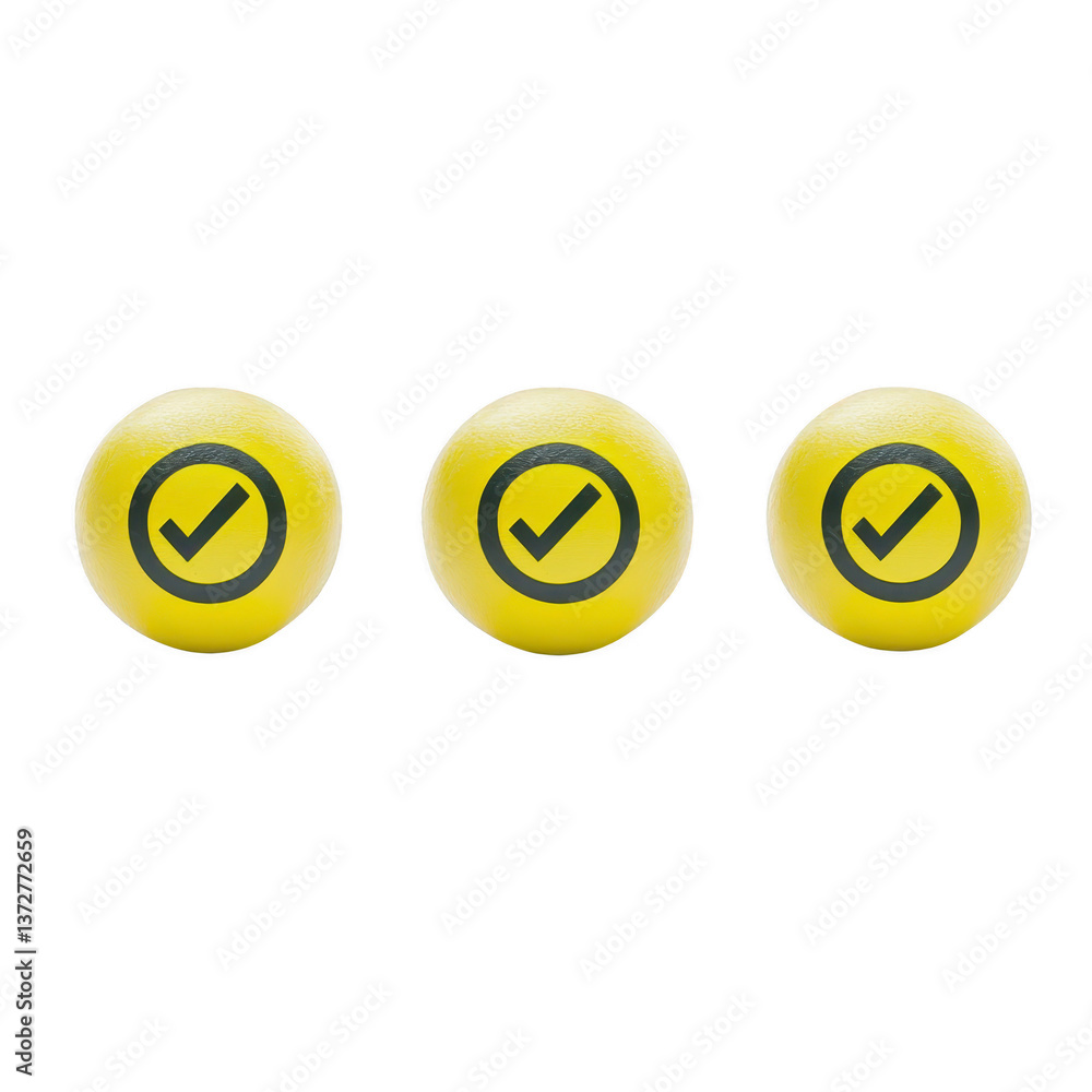 Poster a three yellow balls with black check marks are aligned against transparency background, symbolizing
