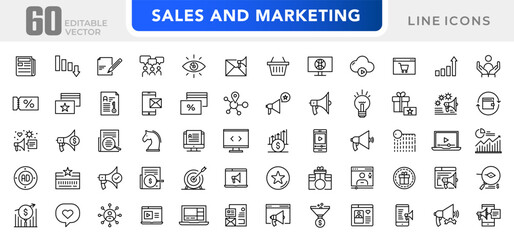 Sales and Marketing line icon set. SEO, promotion, sales dashboard, report, targeting, ad, sales funnel, and Sales strategy outline icon collection. UI thin outline icon pack