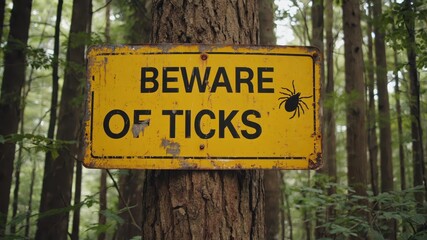 Beware of Ticks sign posted on tree in forest