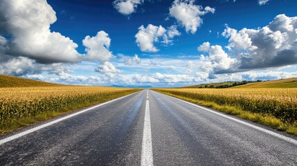 Naklejka premium A long straight road stretching into the horizon with endless cornfields on both sides.
