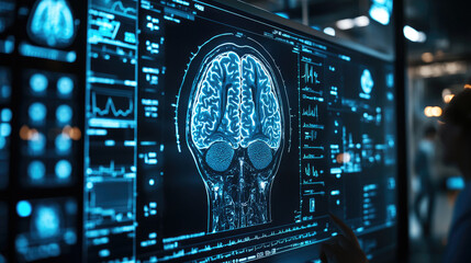 Female scientist analyzing a holographic digital brain interface, exploring AI, neural connections, and futuristic advancements in neuroscience and cognitive research.banner