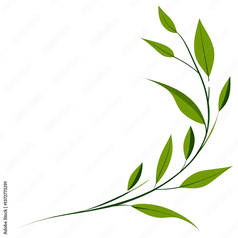 Poster a simple illustration of green leafy branch with multiple leaves extending from thin stems, creating