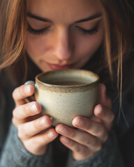 Woman enjoying warm drink holding ceramic mug up close