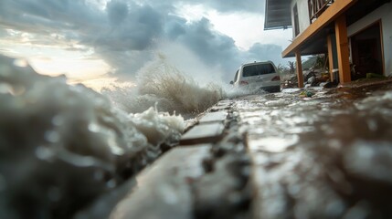 Coastal flooding event in residential area dramatic waves and rain coastal environment ground view natural disaster awareness