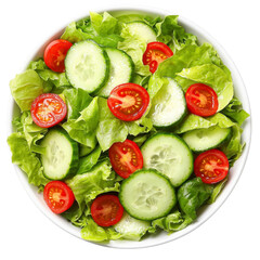 A fresh and vibrant salad featuring crisp lettuce, juicy cherry tomatoes, and sliced cucumbers in white bowl, perfect for healthy meal