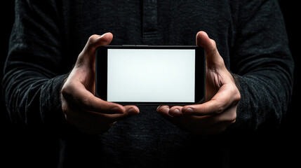 Close-up of male hands holding smartphone with blank horizontal screen on black background, concept of mobile video content, gaming, and digital presentation. Banner with copy space