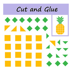 Educational paper game for children. Cut parts of the image and glue on the paper. Vector illustration of cartoon pineapple.