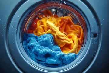 A washing machine with colorful towels inside the drum