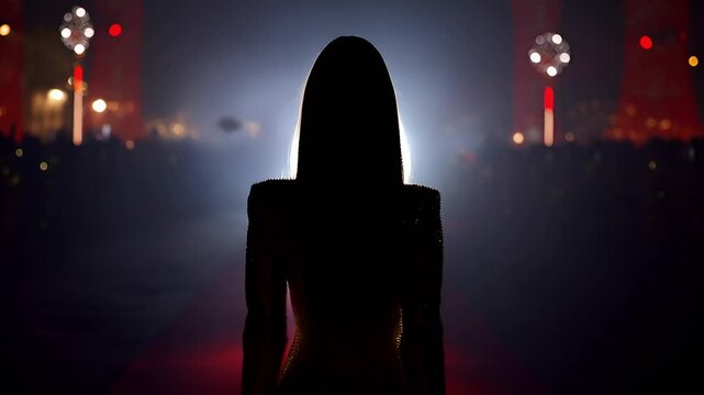 Back view of elegant woman walking on red carpet. Model, actress. Event, entertainment. Celebrity party.　レッドカーペットを歩くエレガントな女性の後ろ姿。モデル、女優。イベント、エンターテイメント。セレブのパーティー。