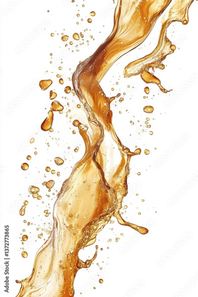 Poster dynamic splash of golden liquid on white background creating abstract shapes and forms in motion for