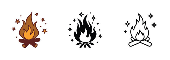 Campfire Icons Magical Flames, Stars, Wood, Burning, Fire, Design, Graphics, Elements, Illustrations