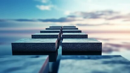 A serene pathway of stone blocks leading towards a tranquil horizon at sunset over calm waters - Powered by Adobe